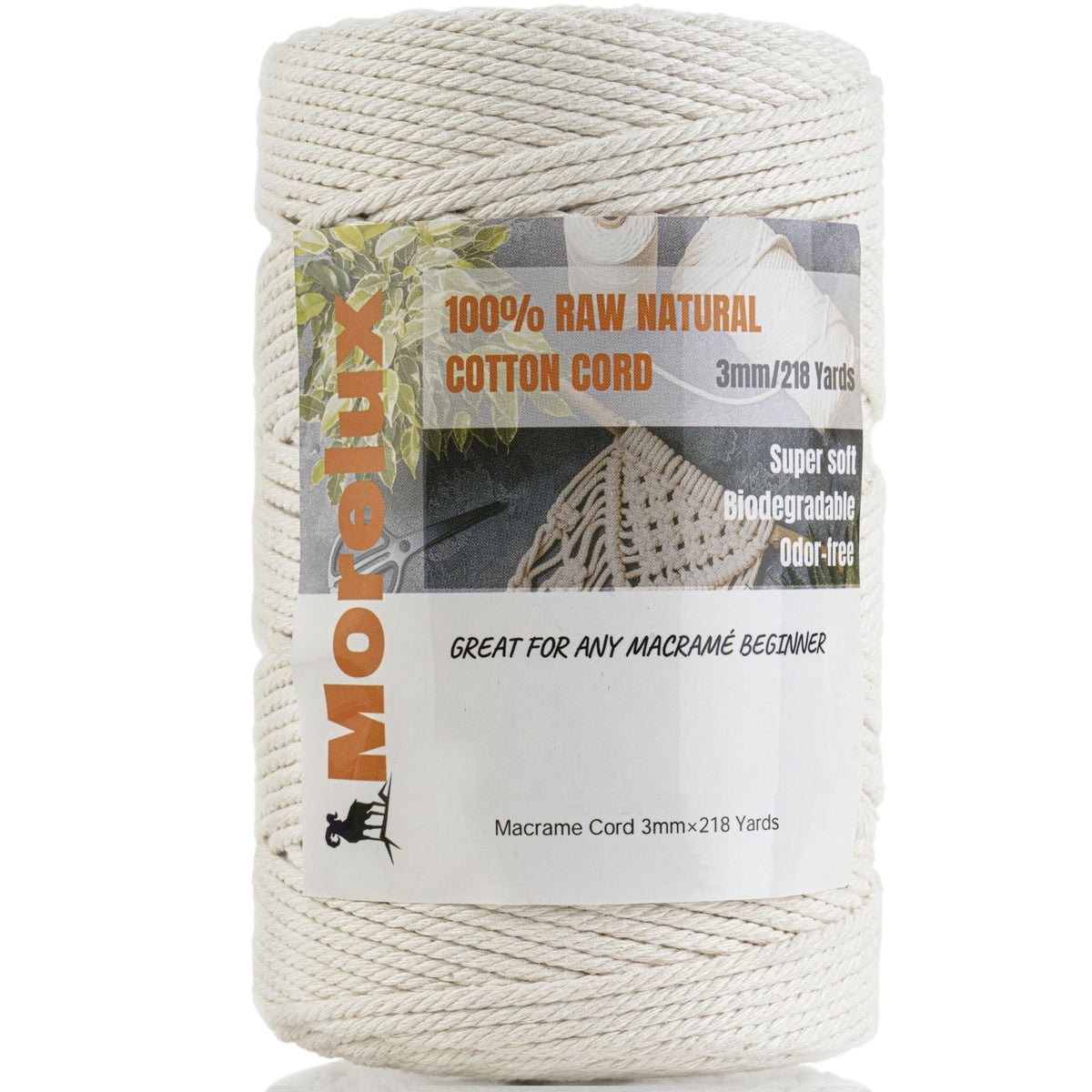 Macrame Cord 6mm X 218 Yards – 100% Natural Cotton Rope, 4-Strand Twisted, For Plant Hangers, Wall Hangings, Crafts, Gift Wrapping & Weddings